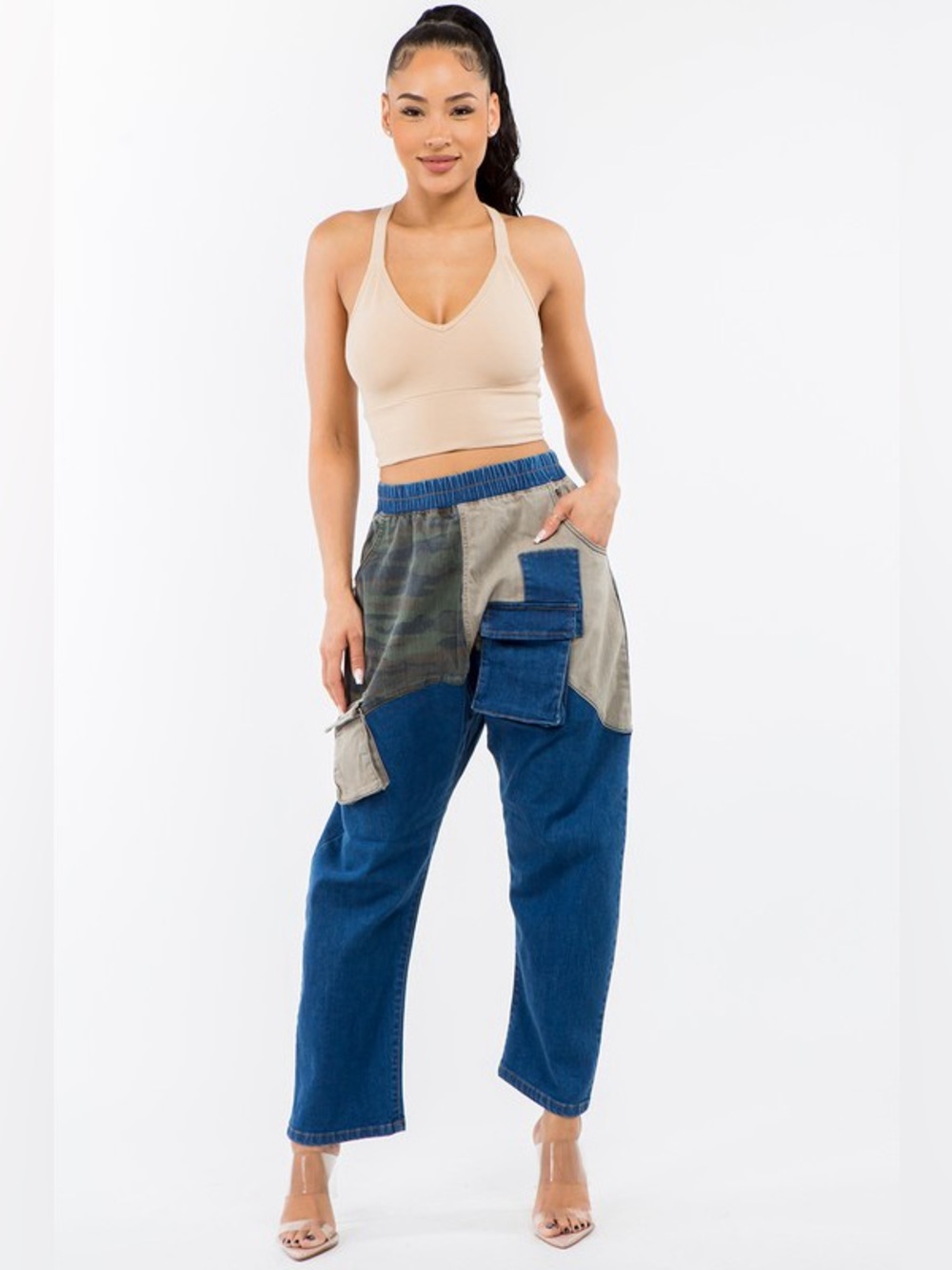 MIXED MEDIA CARGO BARREL LEG DENIM PANTS CAMO PLAID PATCHWORK PRINT